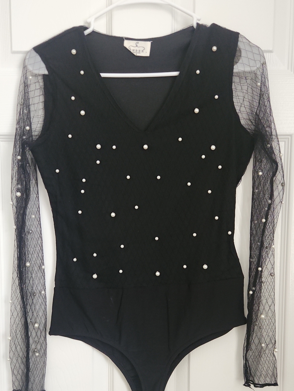 Black Pearl-Embellished Mesh Sleeve Bodysuit